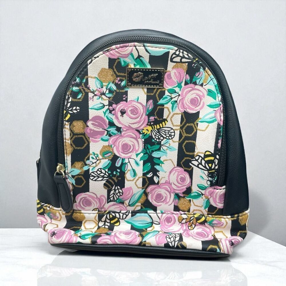 BETSEY JOHNSON Black Mini Backpack Rose Floral Bee Sparkle & Stripes